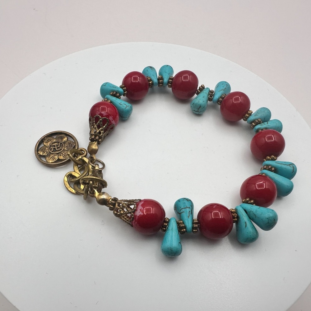Vintage 90s Gold Tone Red Beaded Turquoise Stone Bracelet Women's Jewelry